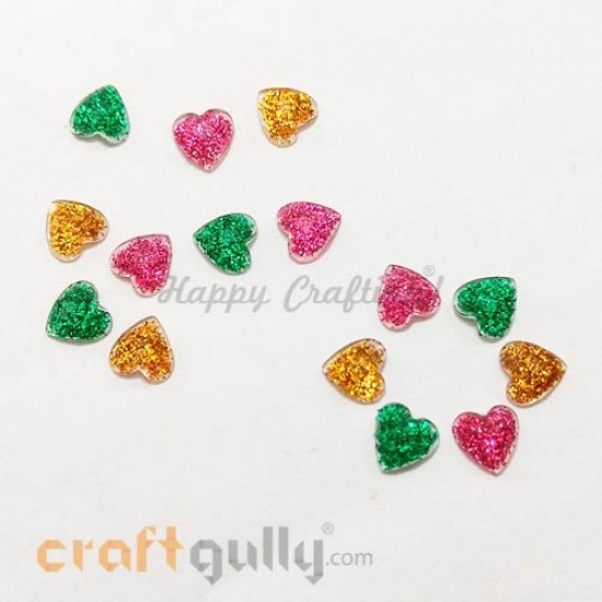 Flatback Hearts 7mm - Assorted With Glitter - Pack of 15