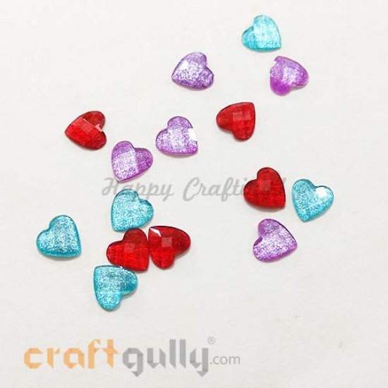 Flatback Acrylic 7mm Heart Faceted - Assorted With Shimmer - Pack of 15