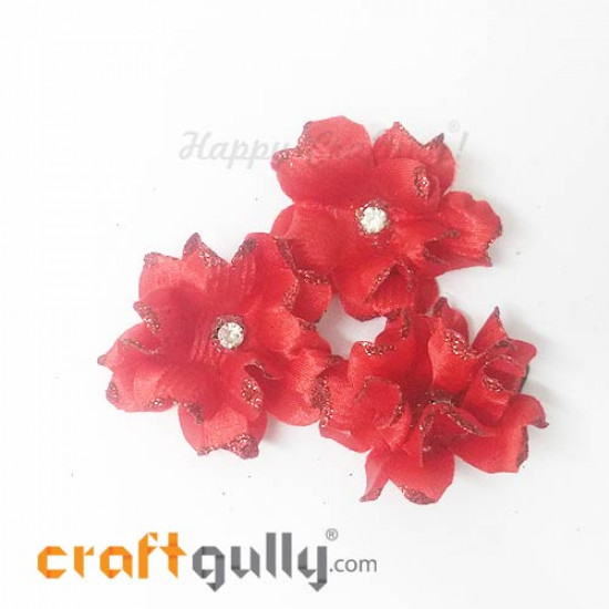 Fabric Flowers 40mm - Dark Red With Glitter - Pack of 4