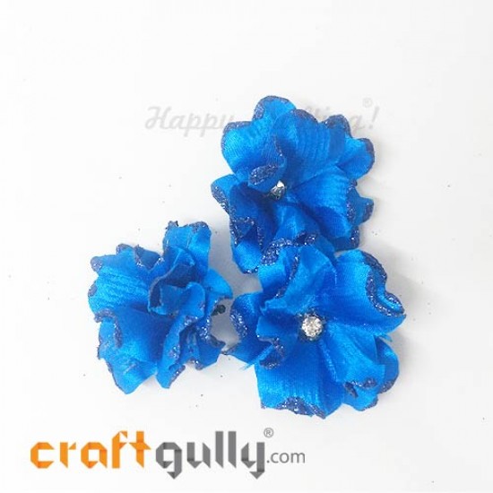 Fabric Flowers 40mm - Royal Blue With Glitter - Pack of 4