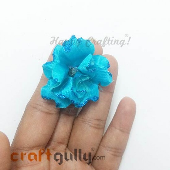 Fabric Flowers 40mm - Teal With Glitter - Pack of 4