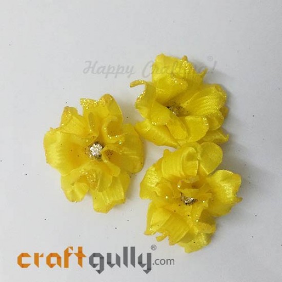 Fabric Flowers 40mm - Sunflower Yellow With Glitter - Pack of 4