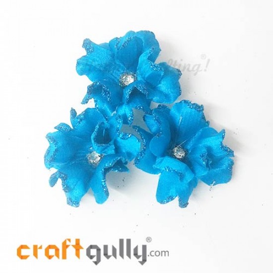 Fabric Flowers 40mm - Cerulean Blue With Glitter - Pack of 4