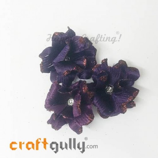 Fabric Flowers 40mm - Dark Purple With Glitter - Pack of 4