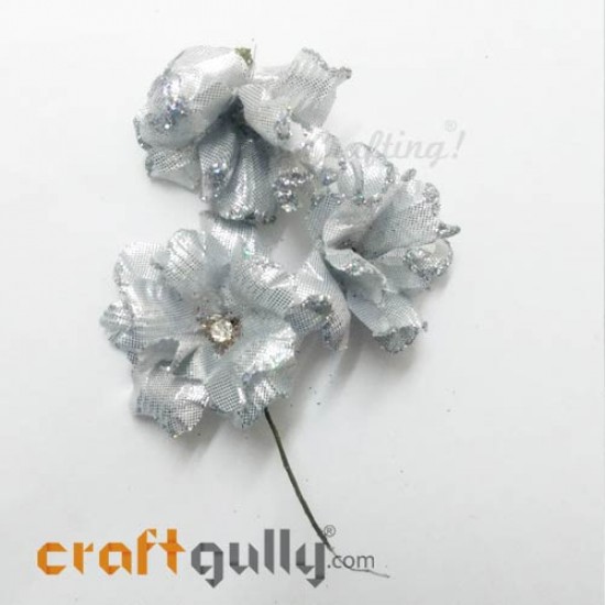 Fabric Flowers 40mm - Silver With Glitter - Pack of 4 Fabric Flowers 40mm - Silver With Glitter - Pack of 4