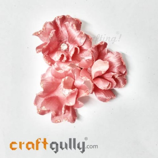 Fabric Flowers 40mm - Salmon Pink With Glitter - Pack of 4