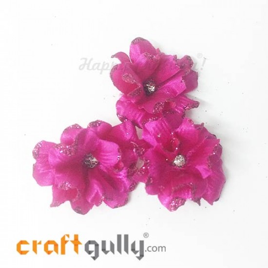 Fabric Flowers 40mm - Dark Pink With Glitter - Pack of 4