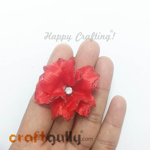 Fabric Flowers 40mm - Red With Glitter - Pack of 4
