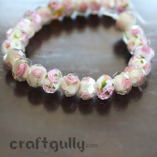Glass Beads 8mm - Rondelle Faceted - White & Pink - 25 beads