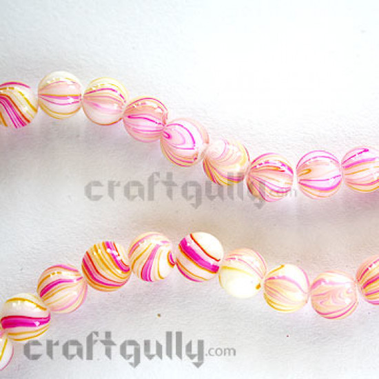 Glass Beads 8mm - White With Pink & Yellow Stripes (50 Beads)