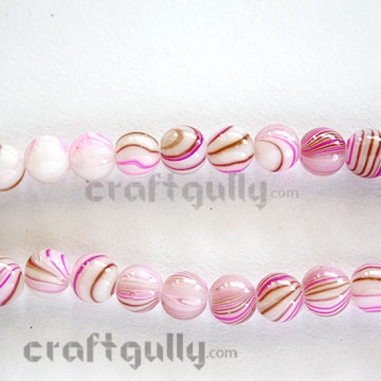 Glass Beads 8mm - White With Pink & Brown Stripes (50 Beads)