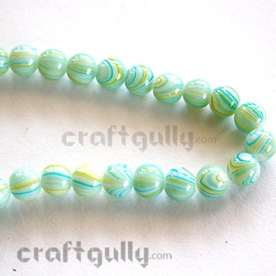 Glass Beads 8mm - Green With Blue & Yellow Stripes (50 Beads)