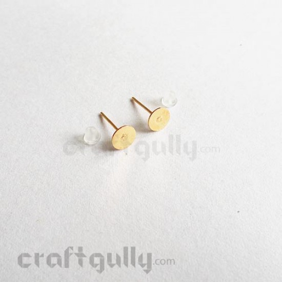 Earring Studs 6mm - Flat With Stoppers - Golden - 5 Pairs