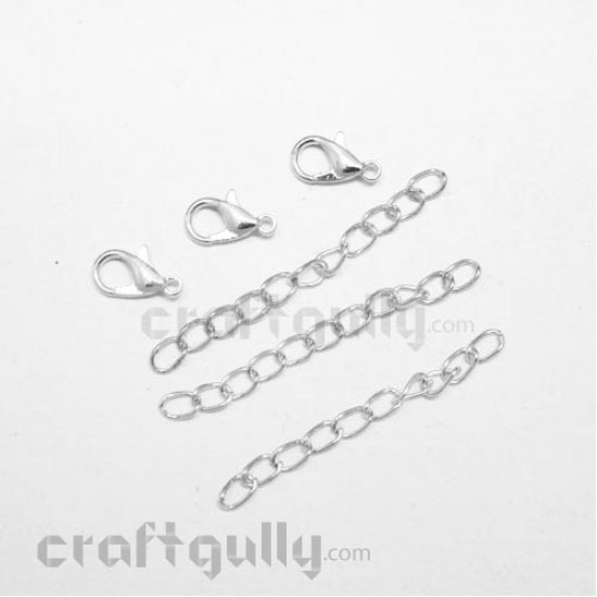 Clasps - Lobster Claw With Chain - Silver - 3 Sets