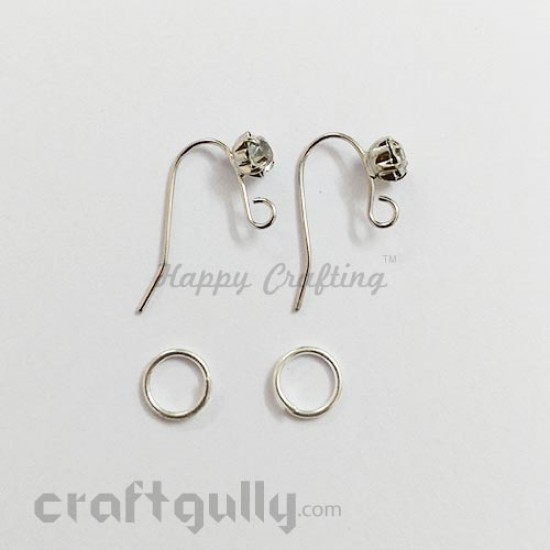 Earring Hooks with Rhinestone - Silver Finish - 1 Pair