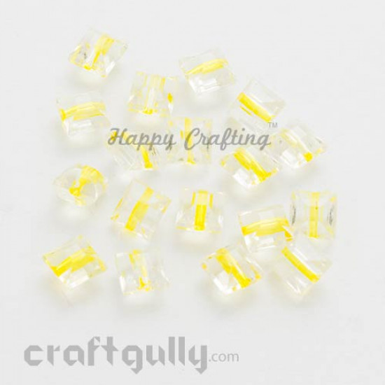 Acrylic Beads 8mm - Square Faceted - Clear with Yellow - Pack of 50