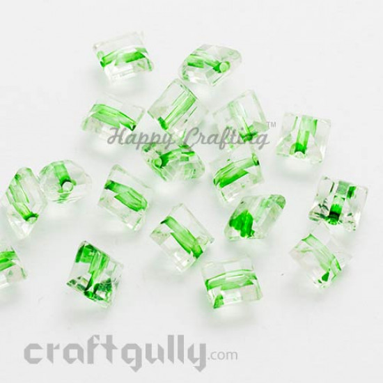 Acrylic Beads 8mm - Square Faceted - Clear with Green - Pack of 50