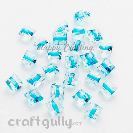 Acrylic Beads 8mm - Square Faceted - Clear with Blue - Pack of 50