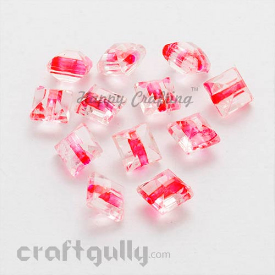Acrylic Beads 8mm - Square Faceted - Clear with Neon Pink - Pack of 50