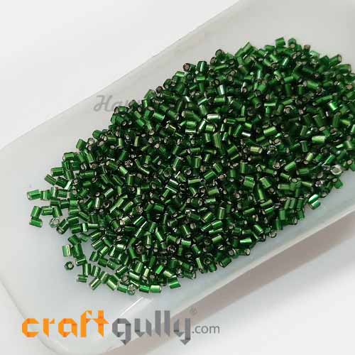 Seed Beads 2mm Glass - Bugle - Metal Lined Green - 25gms