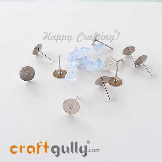 Earring Studs 6mm - Flat With Stoppers - Silver - 5 Pairs