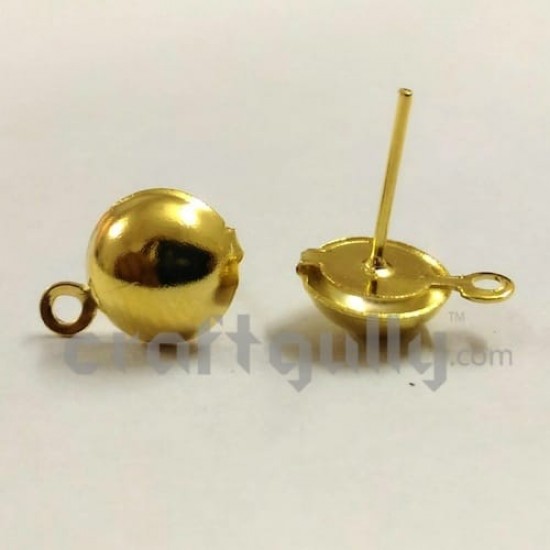 Earring Studs 9mm - Round With Flat Base - Golden Finish - 3 Pairs