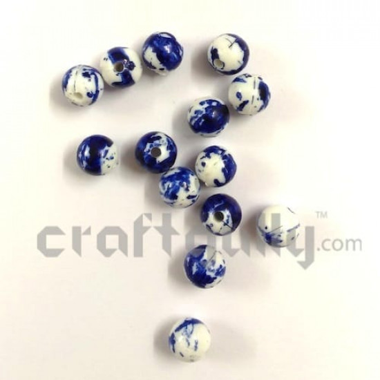 Acrylic Beads 8mm Round Mottled - White & Ink Blue - Pack of 30