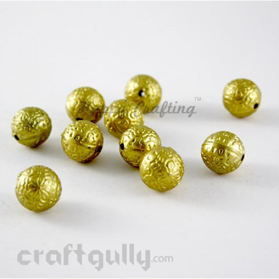 Acrylic Beads 12mm - Round Embossed - Golden - Pack of 10