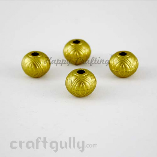 Acrylic Beads 12mm - Oval Embossed - Golden - Pack of 4