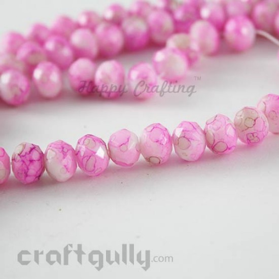 Glass Beads 8mm - Round Faceted Mottled - White & Pink - Pack of 10