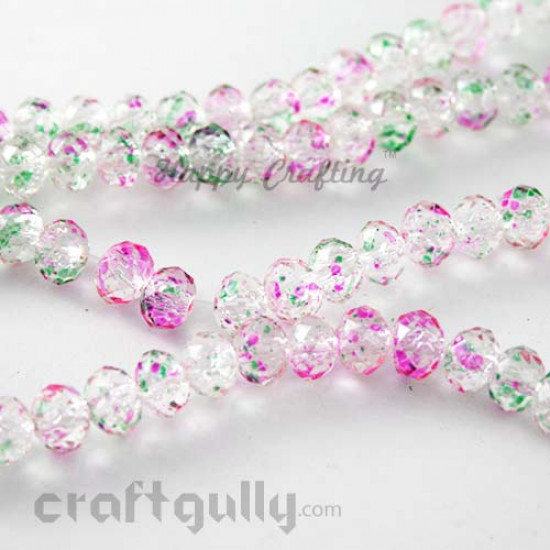 Glass Beads 8mm - Round Faceted Crackle - Clear, Pink & Green - Pack of 10