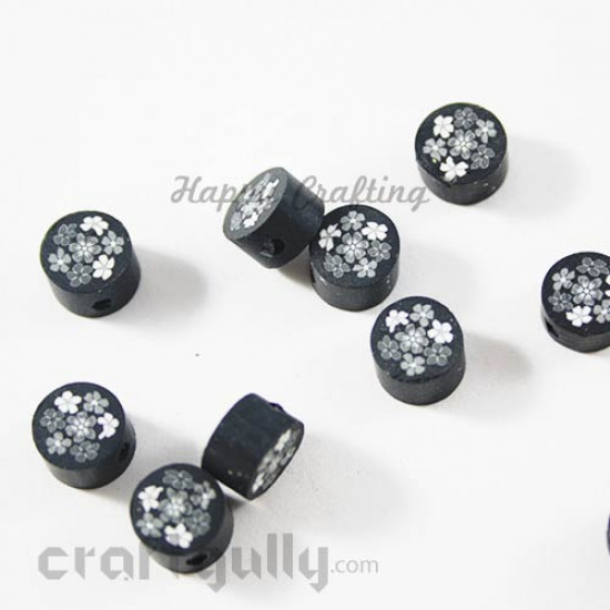 Polymer Clay Beads 8mm - Round - Black with White Flowers - Pack of 10