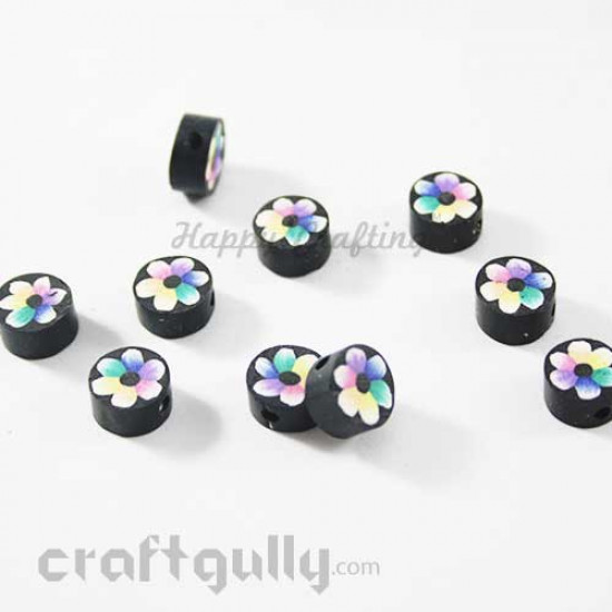 Polymer Clay Beads 10mm - Round - Black with Multicolour Flowers - Pack of 10