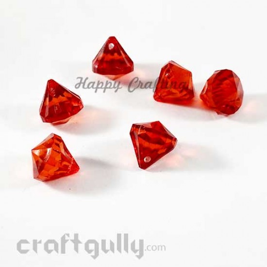 Acrylic Beads 15mm - Diamond Faceted - Red Trans. - Pack of 6