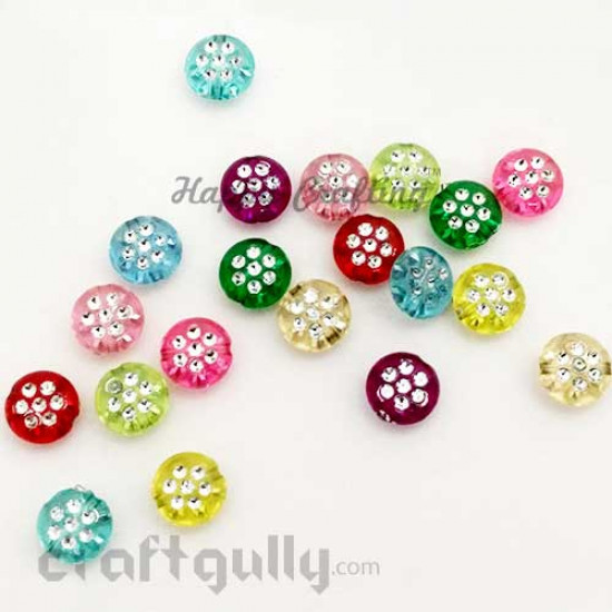 Acrylic Beads 10mm - Round Flat with Rhinestone - Assorted - Pack of 20