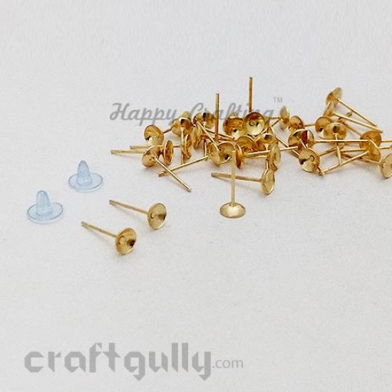 Earring Studs 5mm - Cup With Stoppers - Golden - 5 Pairs 