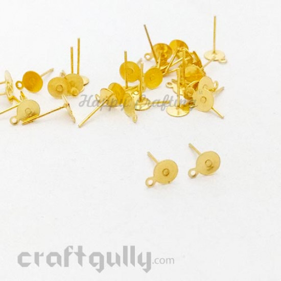 Earring Studs 6mm - Flat With Loops - Golden - 5 Pairs