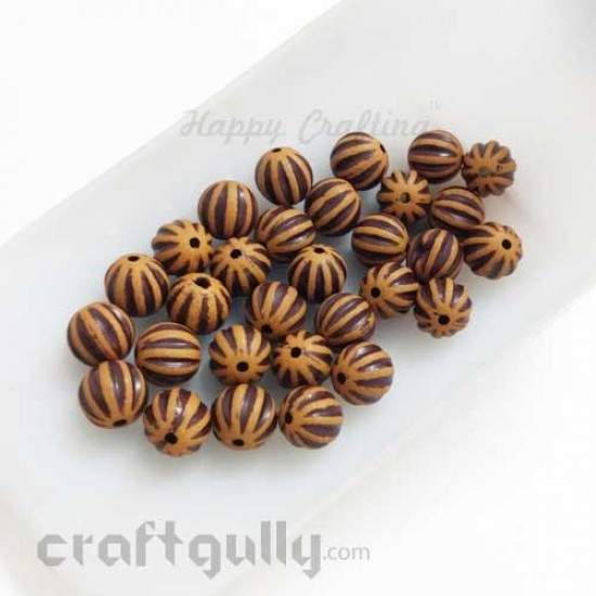 Acrylic Beads 8mm - Round With Pumpkin Lines - Wood Finish #1 - Pack of 30