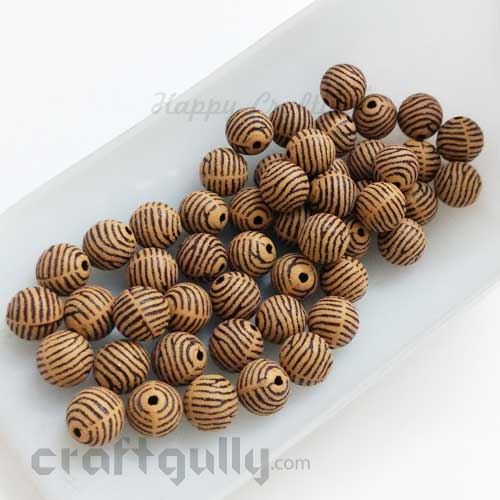 Acrylic Beads 7mm - Round With Lines - Wood Finish #3 - Pack of 50