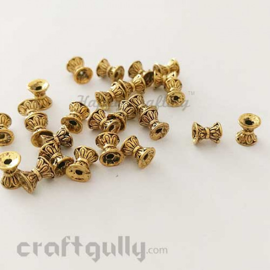 German Silver Beads 7mm - Damru - Antique Golden Plating - Pack of 6