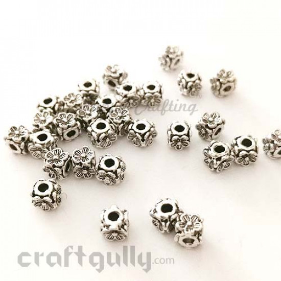 German Silver Beads 5mm - Cube - Flower - Silver Finish - Pack of 6