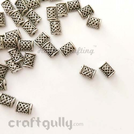 German Silver Beads 7mm - Rectangle - Jali - Silver Finish - Pack of 6