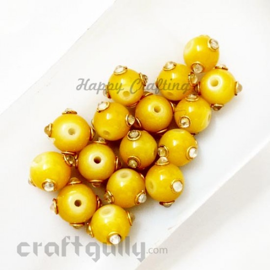 Glass Beads 8mm - Round With Kundan - Yellow - Pack of 2