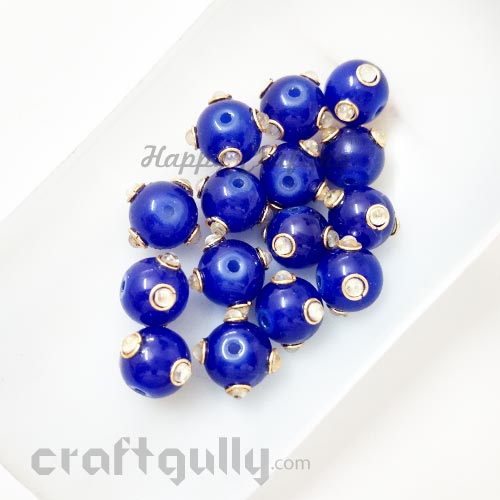 Glass Beads 8mm - Round With Kundan - Royal Blue - Pack of 2