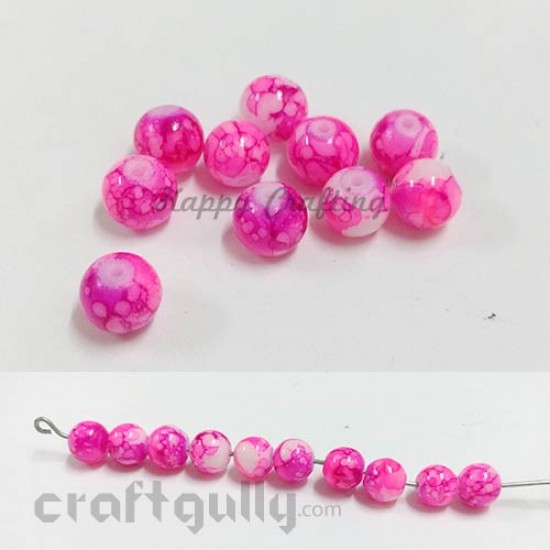 Glass Beads 8mm - Round Mottled - Dark & Bright Pink - Pack of 10
