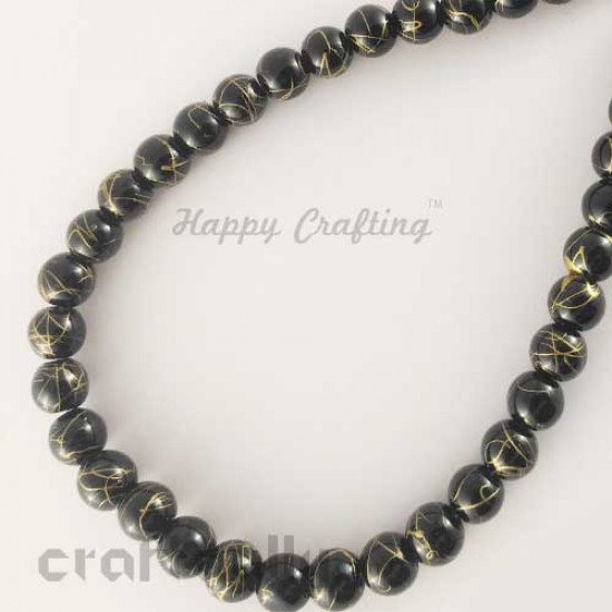 Glass Beads 8mm - Round Mottled - Black & Gold - Pack of 10