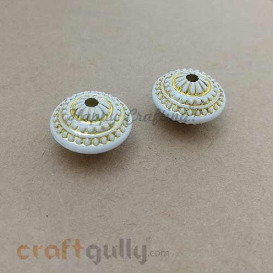 Acrylic Beads 13mm - Bicone Design #3 - White & Gold - 2 Beads