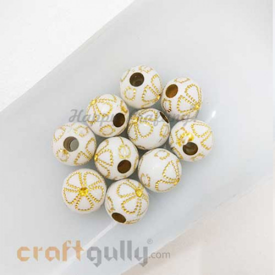 Acrylic Beads 11mm - Round Design #7 - White & Gold - 10 Beads