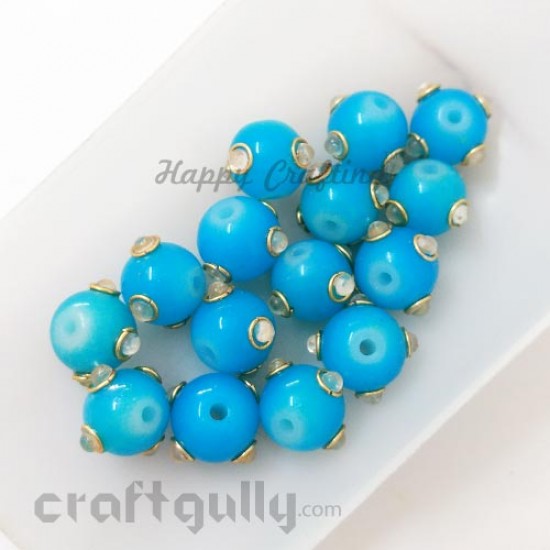 Glass Beads 10mm Round With Kundan - Sea Blue - Pack of 2