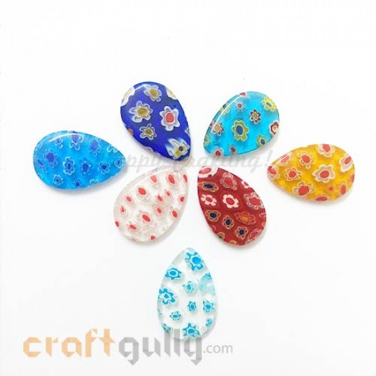 Glass Beads 24mm Drop Millefiori #2 - Dark Blue & Ass. Flowers - 1Pcs